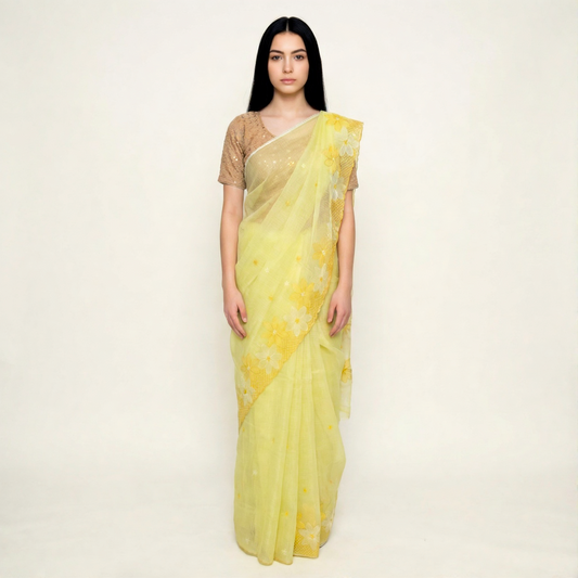Kota Doria Saree with Floral Embroider