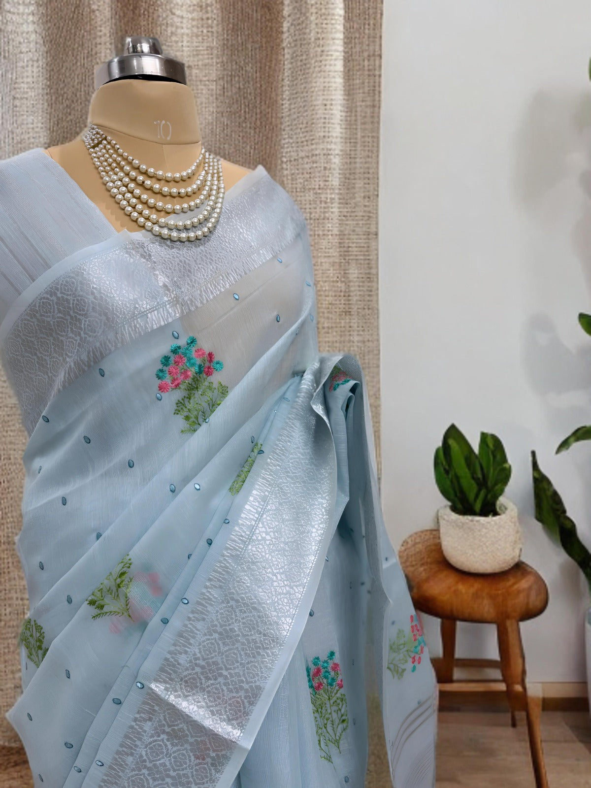 Powder Blue Linen Saree with Silver Zari work