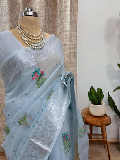 Powder Blue Linen Saree with Silver Zari work