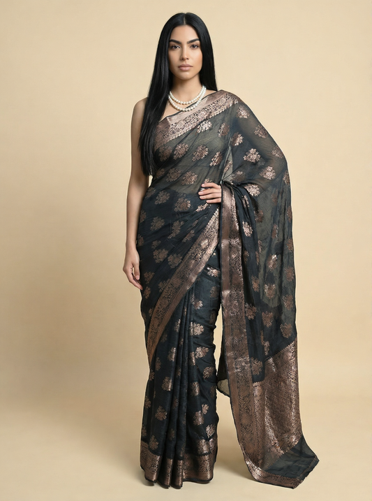 Black Chinon Saree with Zari Butti Work