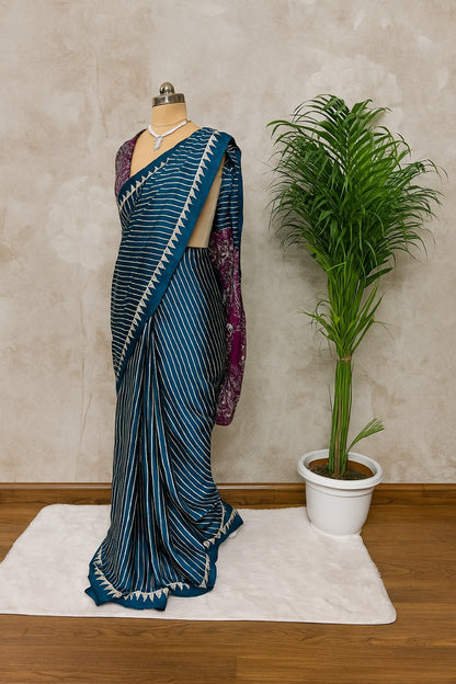 Teal Blue & Purple Crape Silk Saree