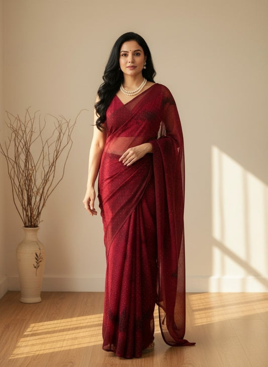 Wine Fancy Chiffon Saree with Digital Print & Stone Work