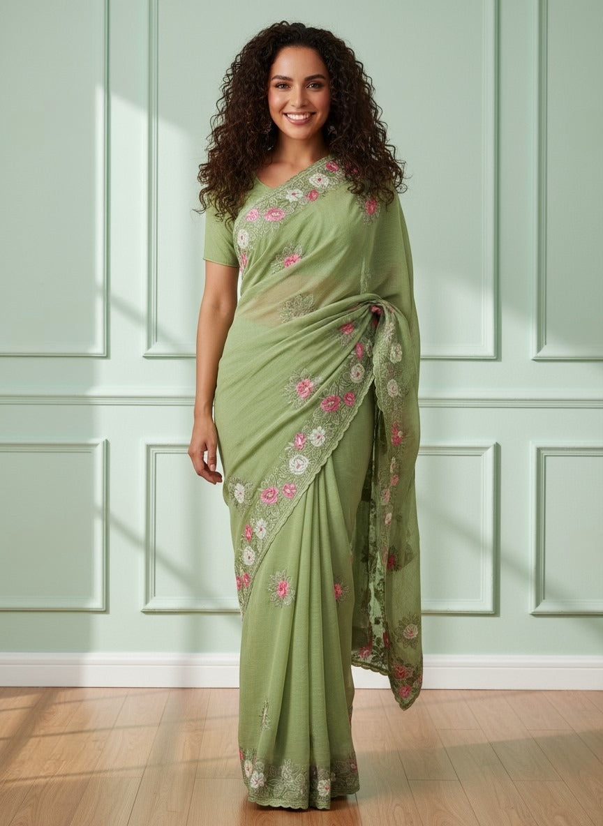 Fendi Chiffon Saree with Embroidered Detailing