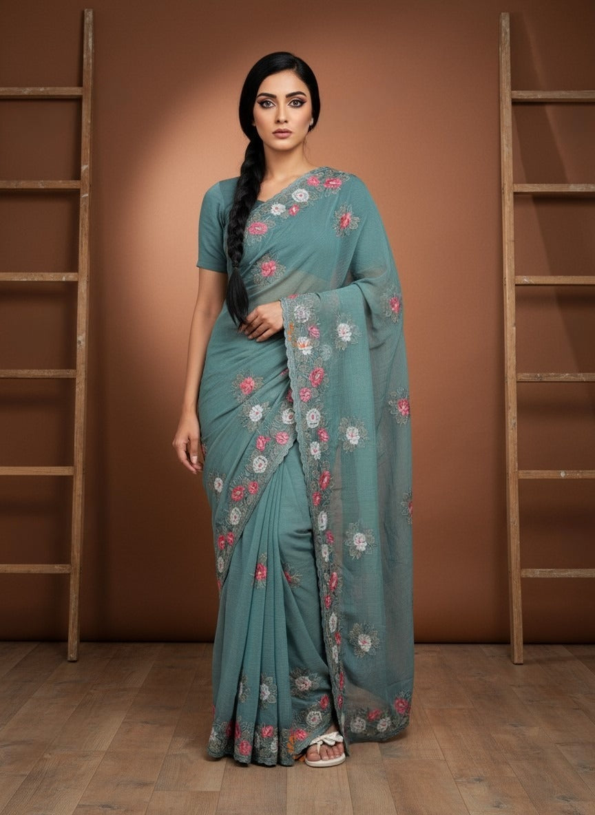 Fendi Chiffon Saree with Embroidered Detailing