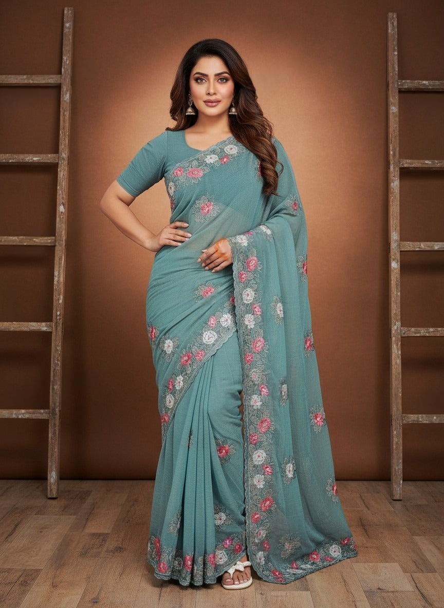 Fendi Chiffon Saree with Embroidered Detailing