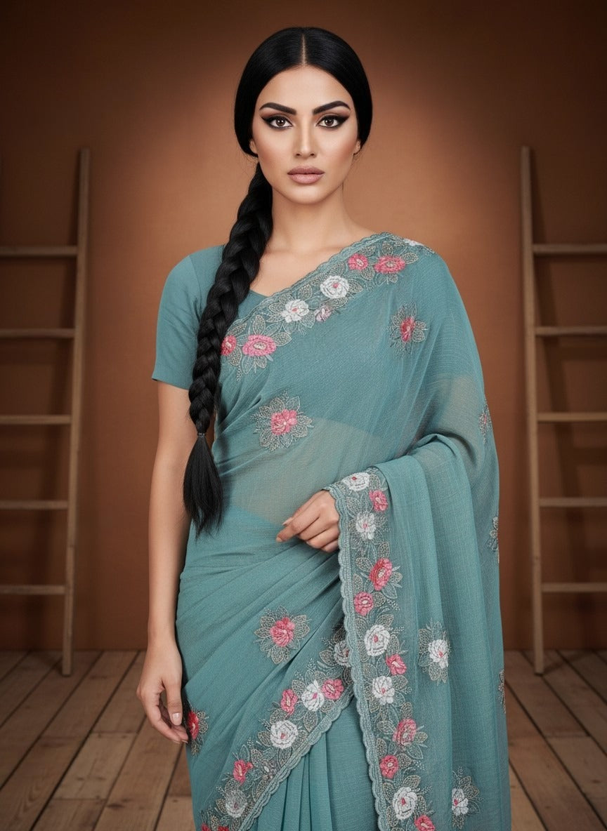 Fendi Chiffon Saree with Embroidered Detailing
