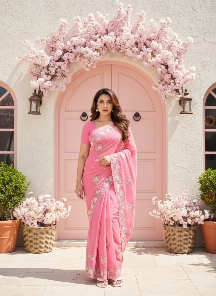 Fendi Chiffon Saree with Embroidered Detailing