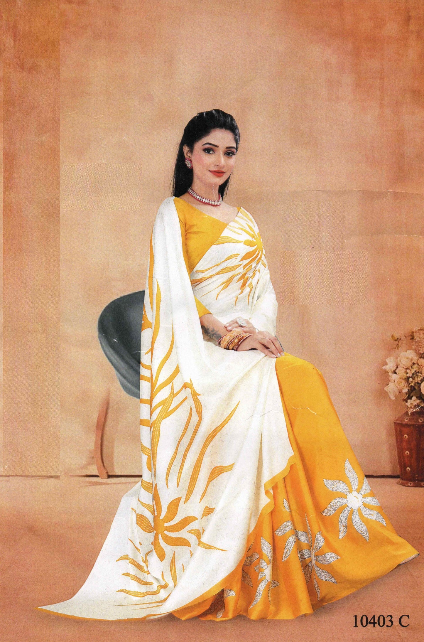 Yellow & Ivory Satin Crepe Saree
