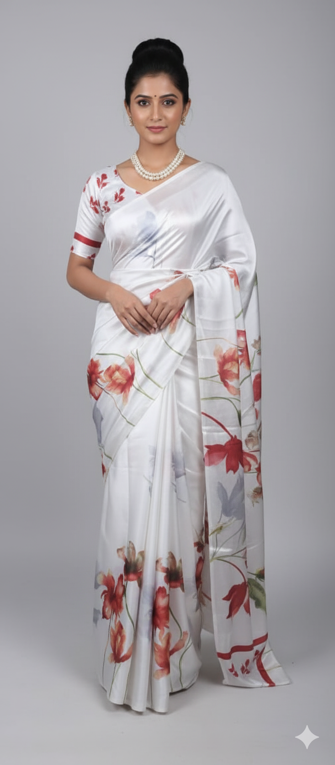 White Satin Crepe Saree