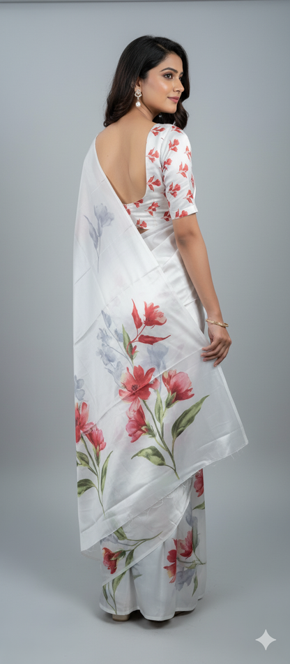 White Satin Crepe Saree