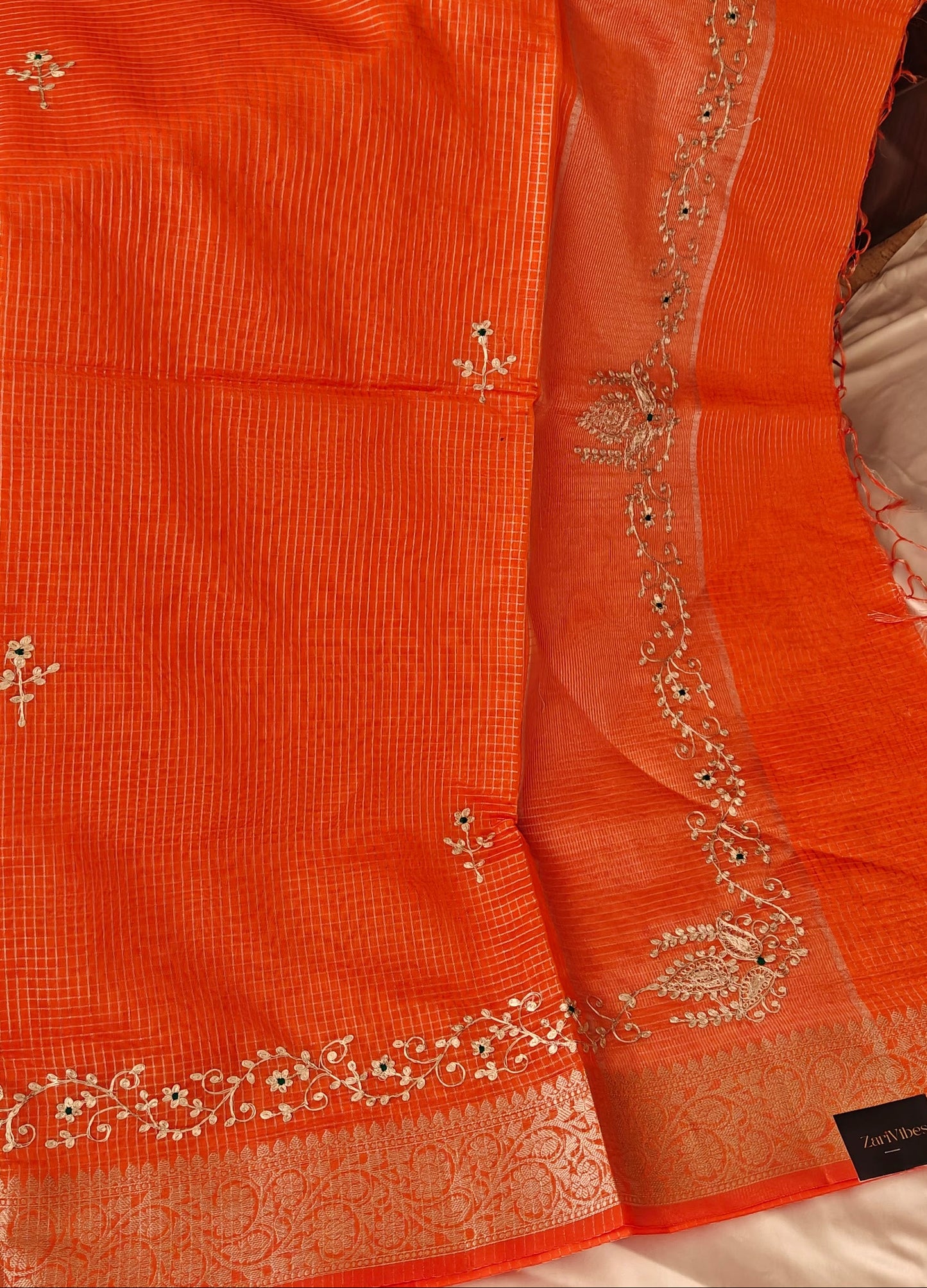 Orange Kota Doria Saree with Elegant Zari Border and Embroidered Pallu