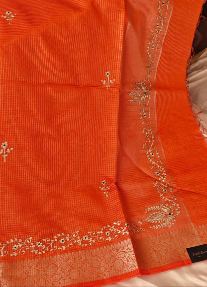 Orange Kota Doria Saree with Elegant Zari Border and Embroidered Pallu