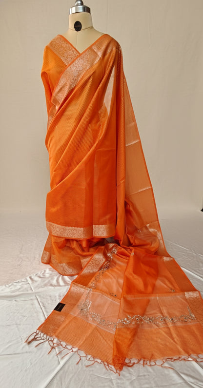 Orange Kota Doria Saree with Elegant Zari Border and Embroidered Pallu