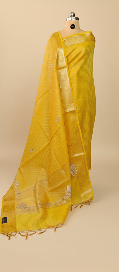 Yellow Kota Doria Saree with Elegant Zari Border and Embroidered Pallu