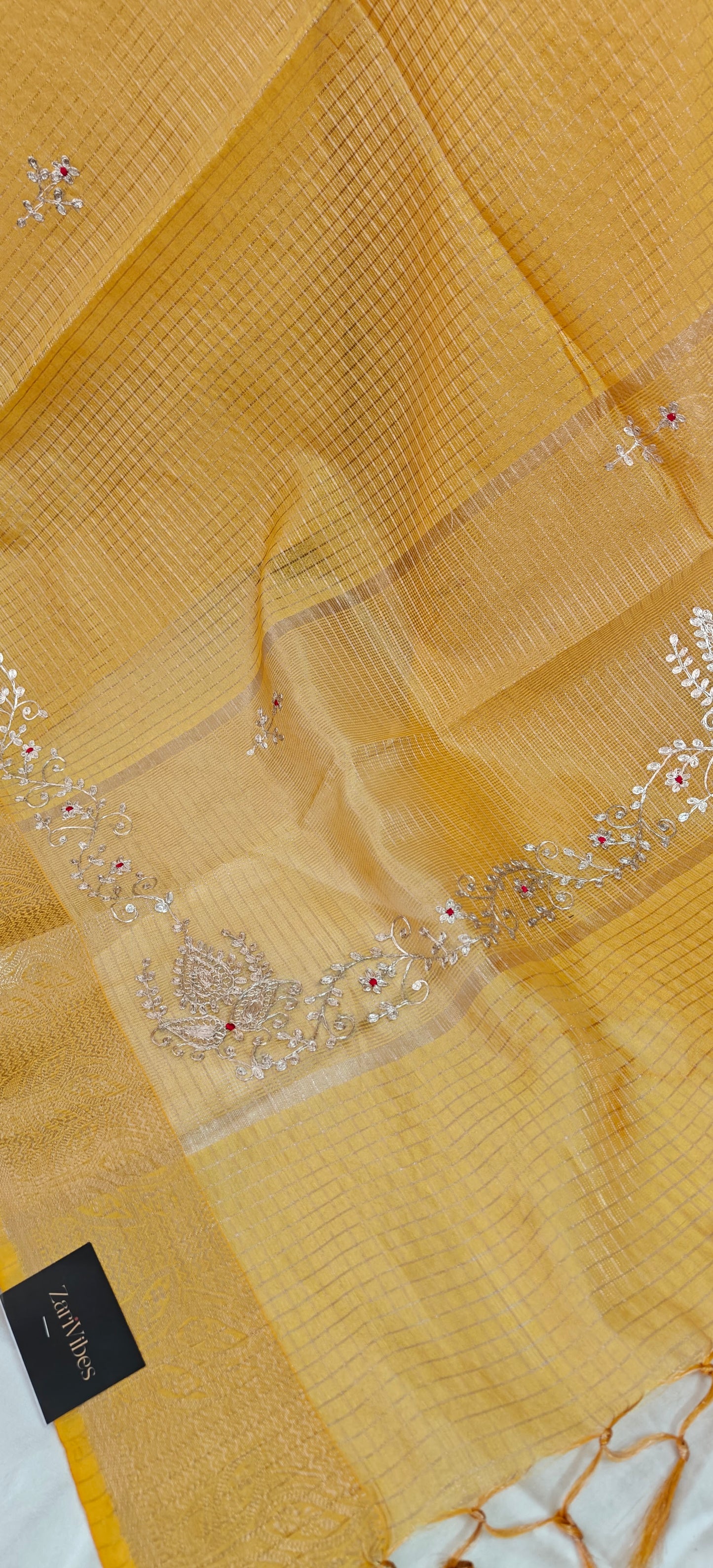 Yellow Kota Doria Saree with Elegant Zari Border and Embroidered Pallu