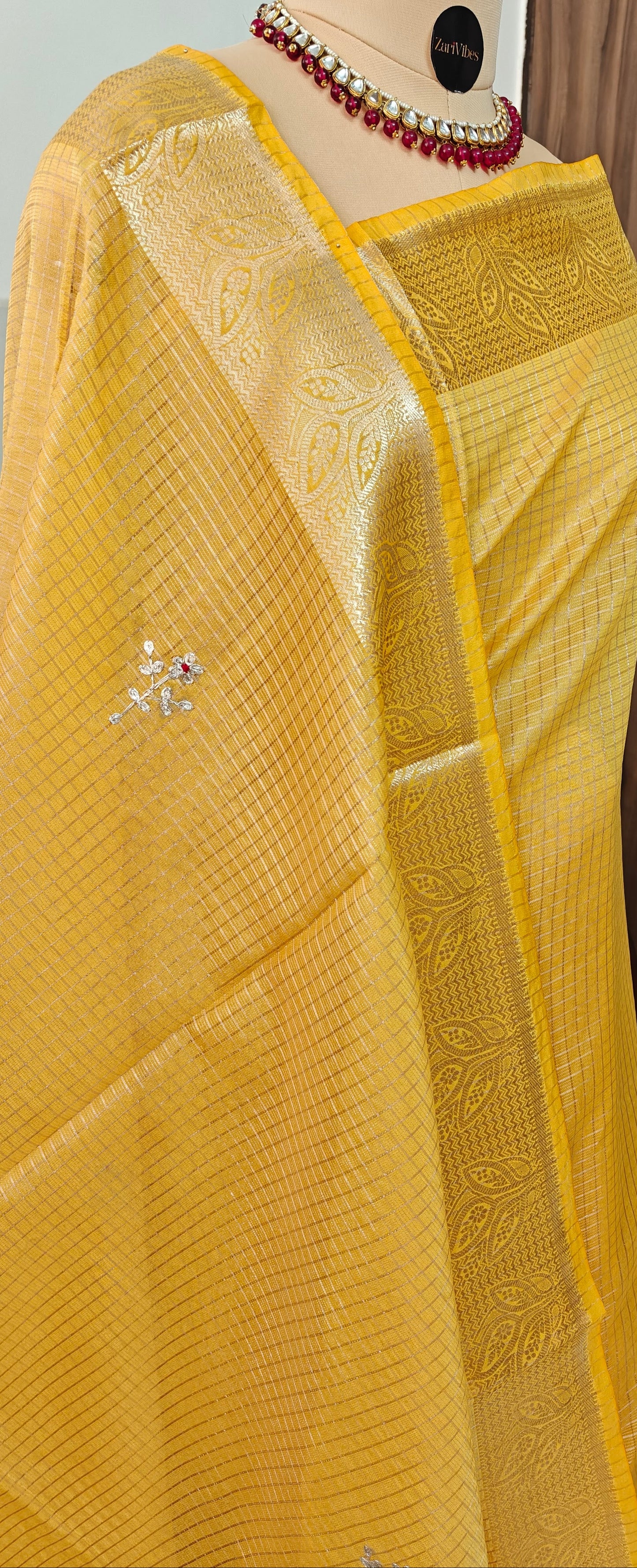 Yellow Kota Doria Saree with Elegant Zari Border and Embroidered Pallu