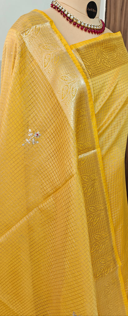 Yellow Kota Doria Saree with Elegant Zari Border and Embroidered Pallu