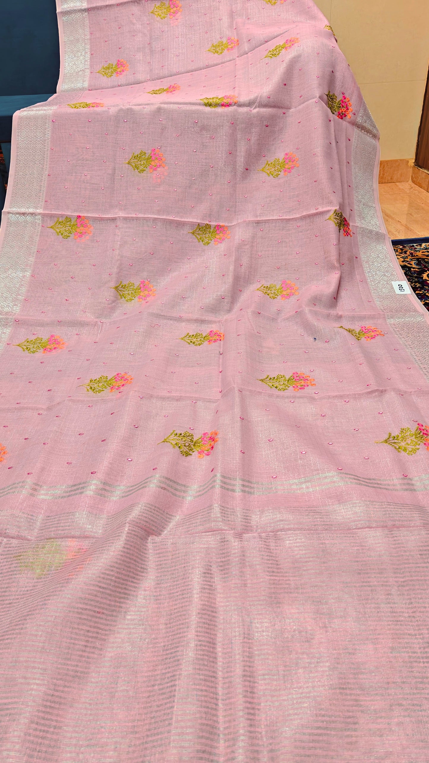 Pink Linen Saree with Silver Zari work