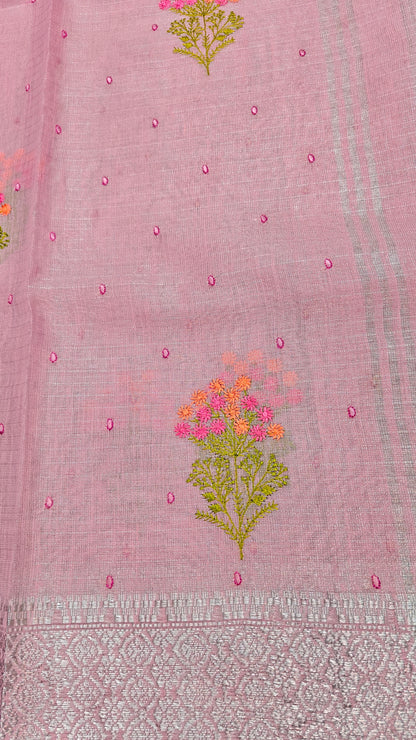 Pink Linen Saree with Silver Zari work