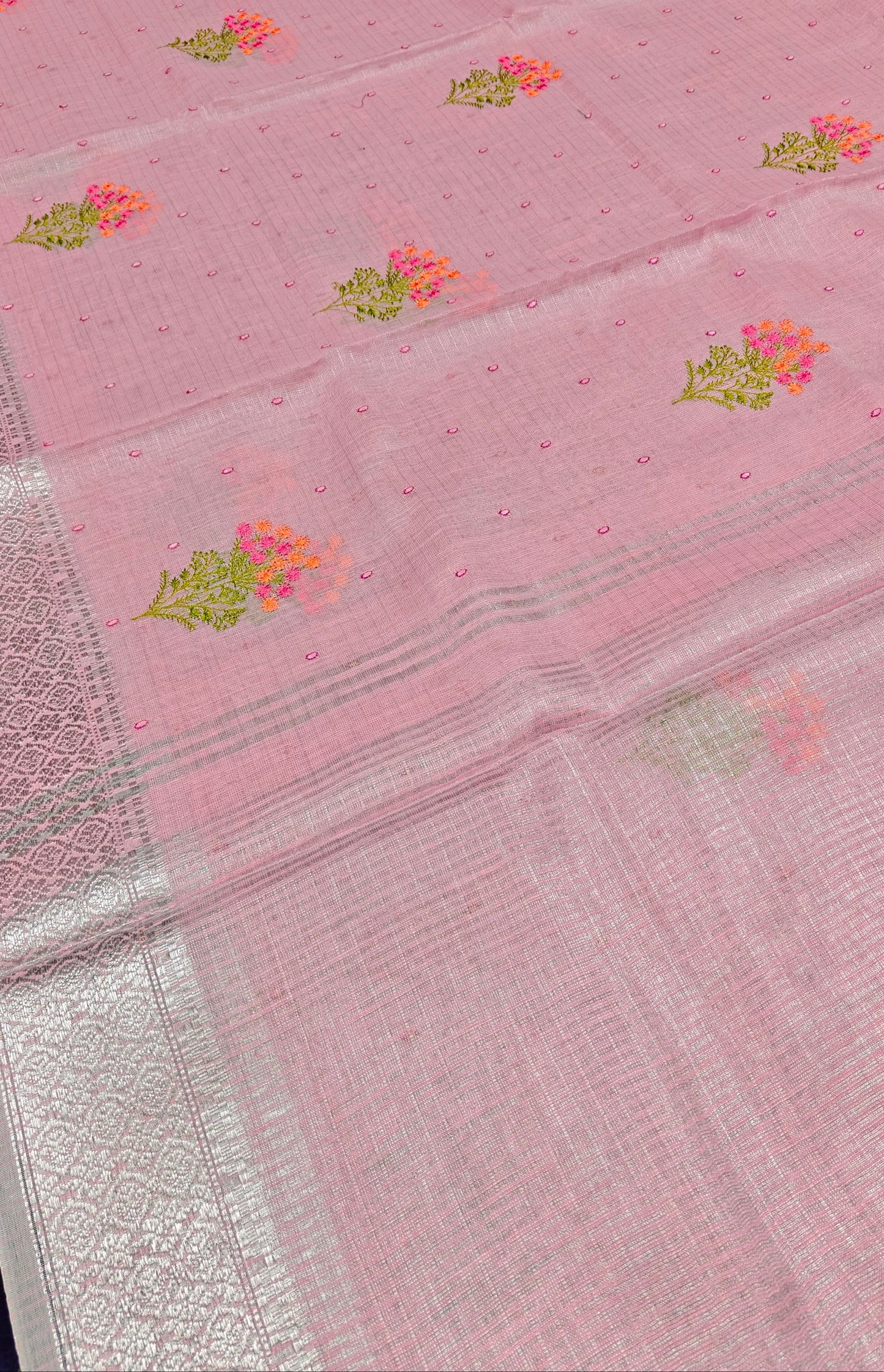 Pink Linen Saree with Silver Zari work