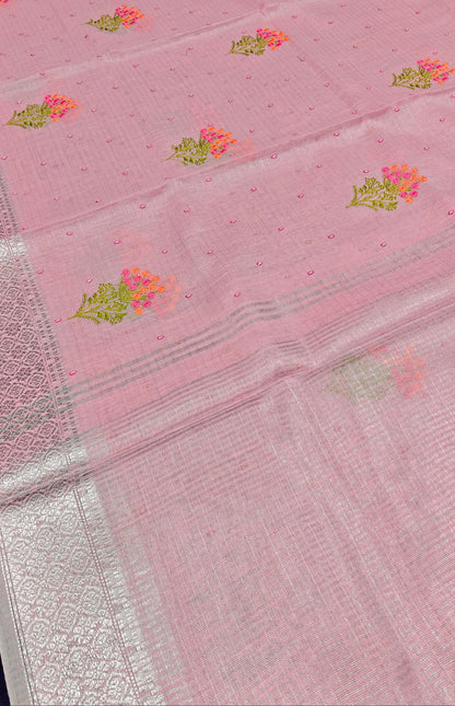 Pink Linen Saree with Silver Zari work