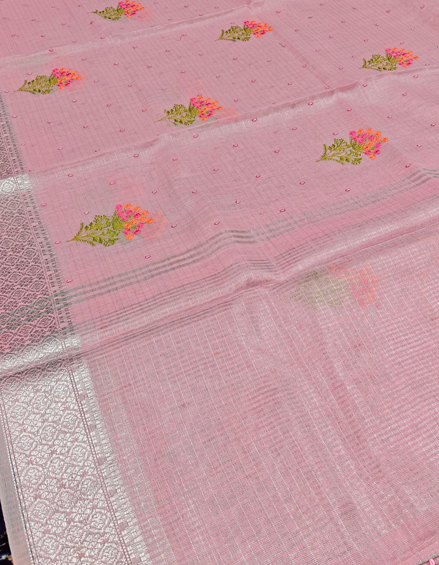 Pink Linen Saree with Silver Zari work