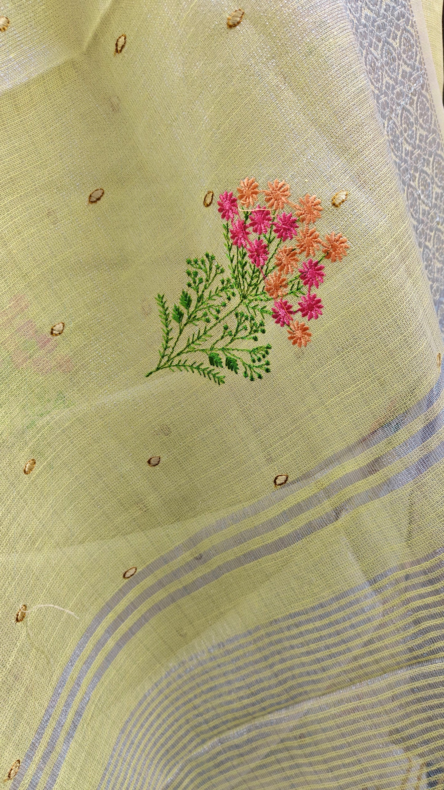 Yellow Linen Saree with Silver Zari work