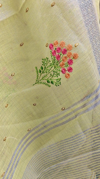 Yellow Linen Saree with Silver Zari work