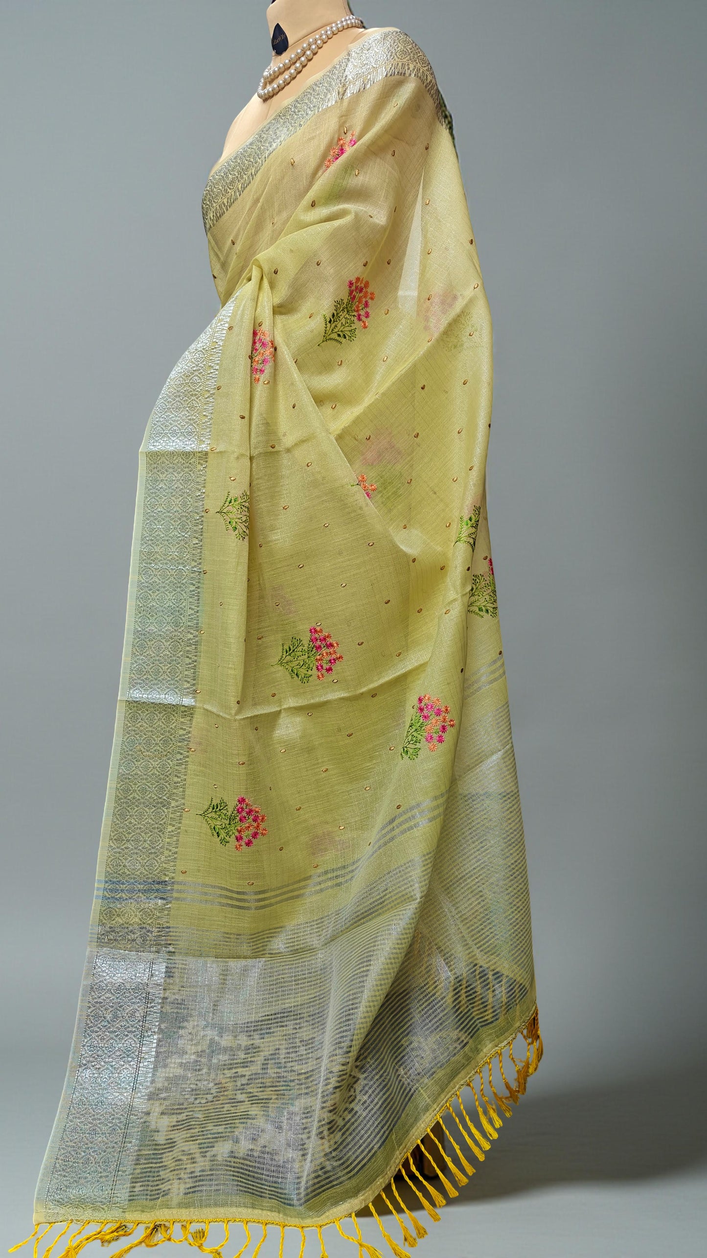 Yellow Linen Saree with Silver Zari work