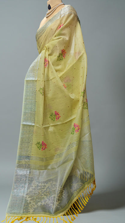 Yellow Linen Saree with Silver Zari work