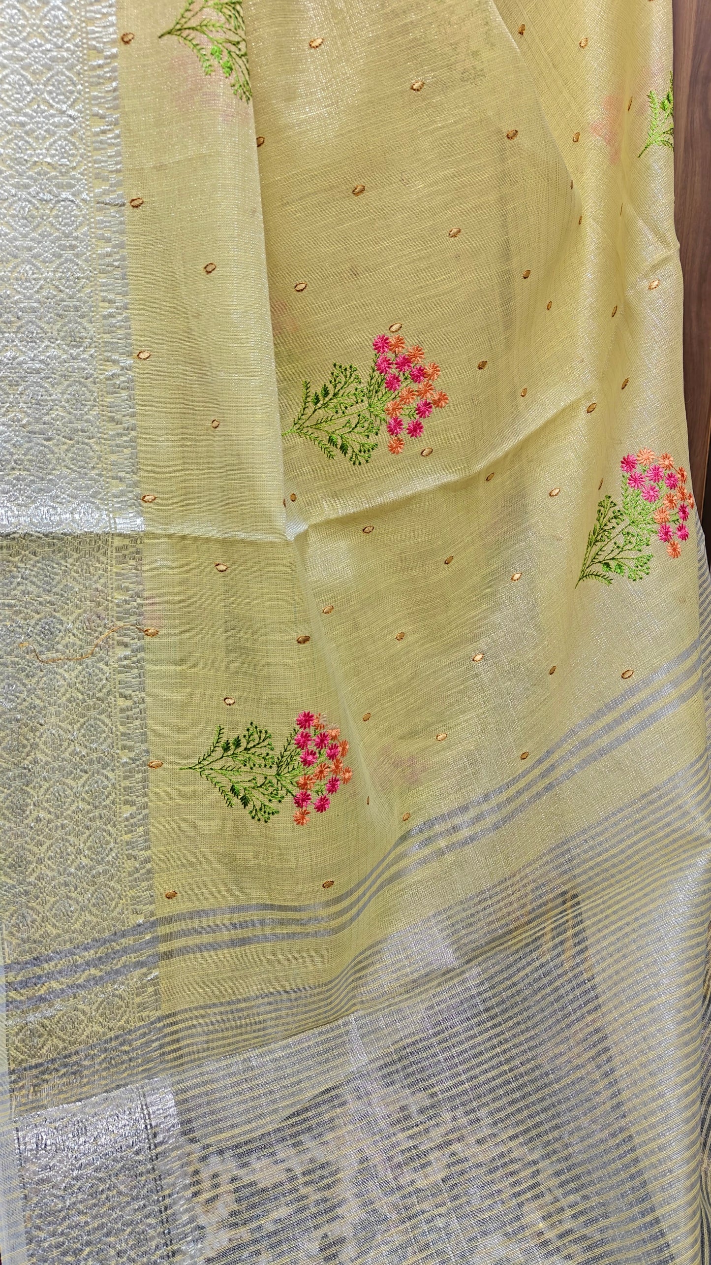 Yellow Linen Saree with Silver Zari work