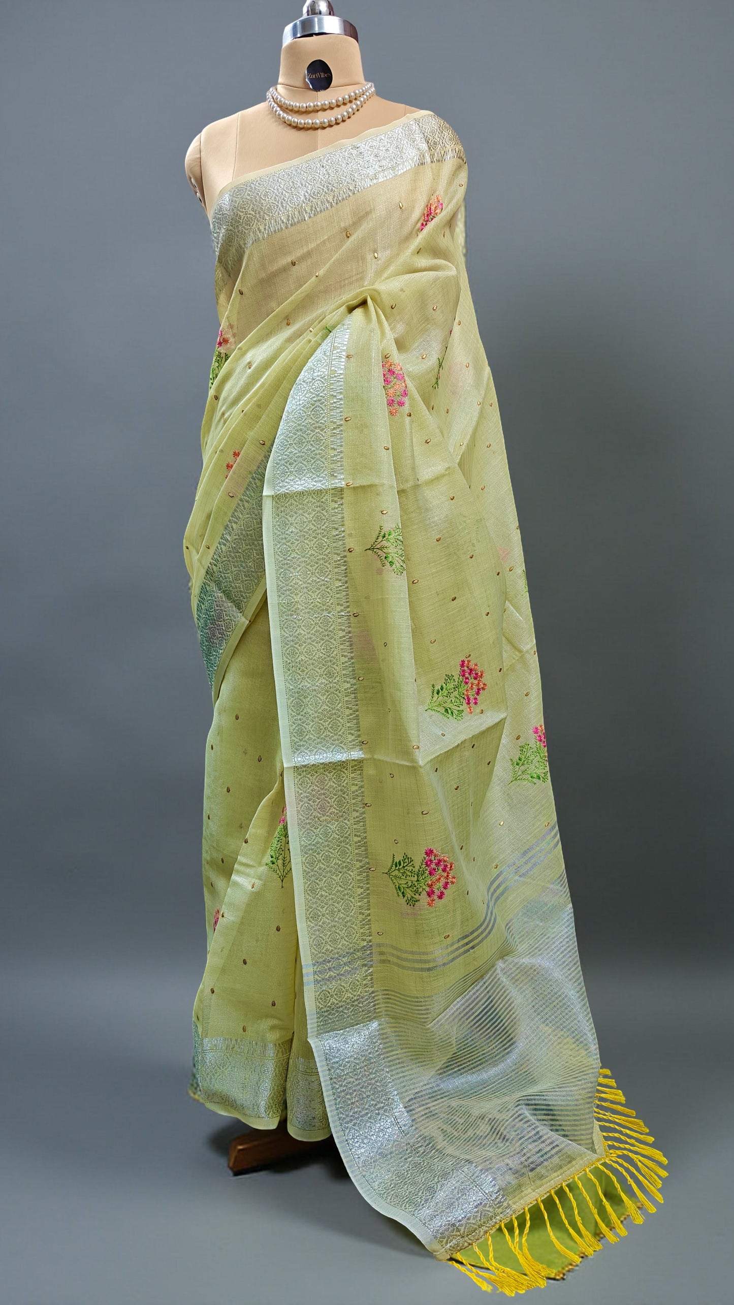 Yellow Linen Saree with Silver Zari work