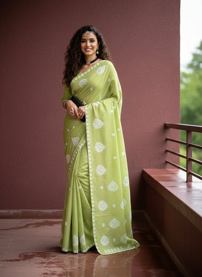 Pista Green Cotton Saree