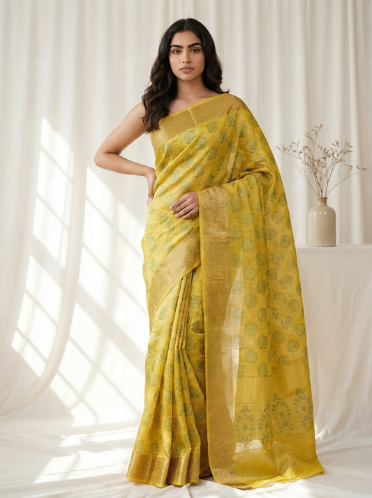 Mustard Yellow Silk Saree with Floral Zari Motifs