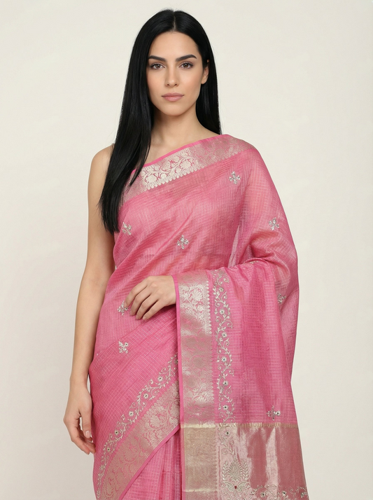 Pink Kota Doria Saree Zari Embroidered Pallu