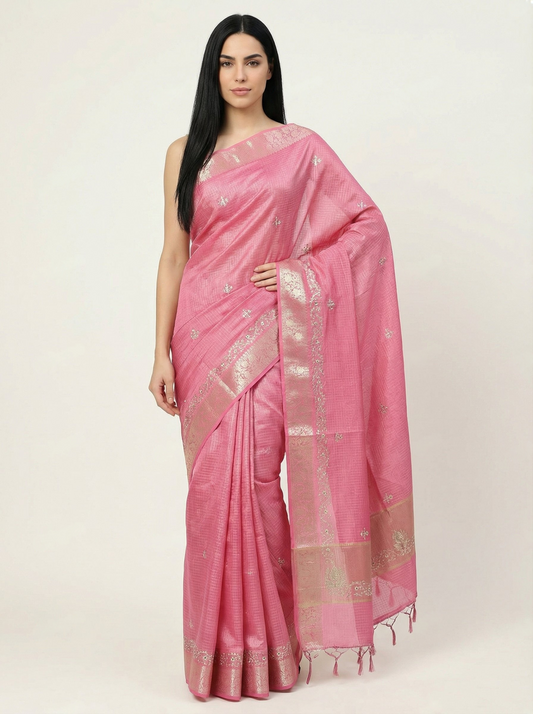 Pink Kota Doria Saree Zari Embroidered Pallu