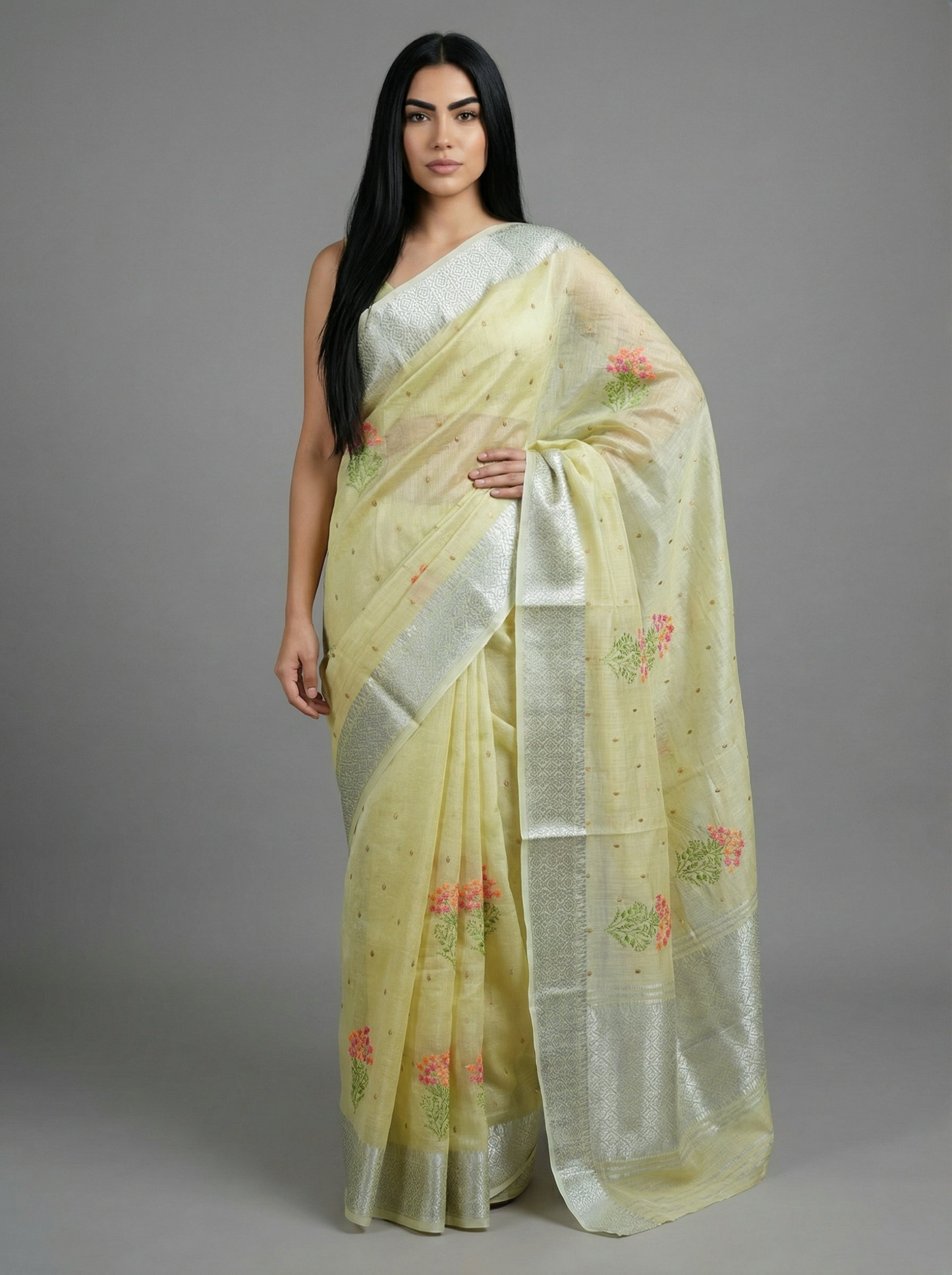 Yellow Linen Saree with Silver Zari work