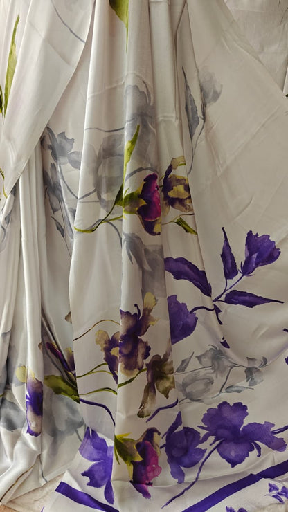 White Satin Crepe Saree