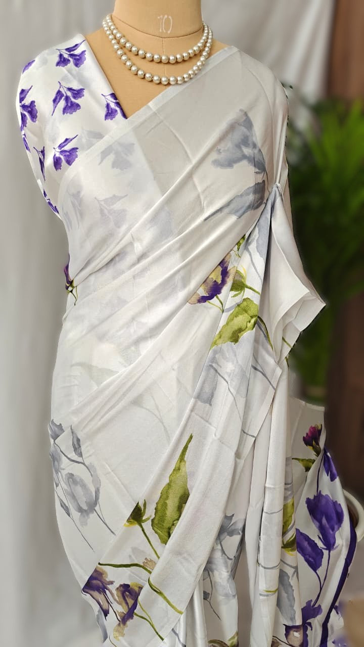 White Satin Crepe Saree