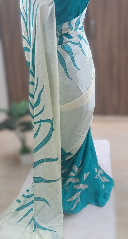 Green & Ivory Satin Crepe Saree