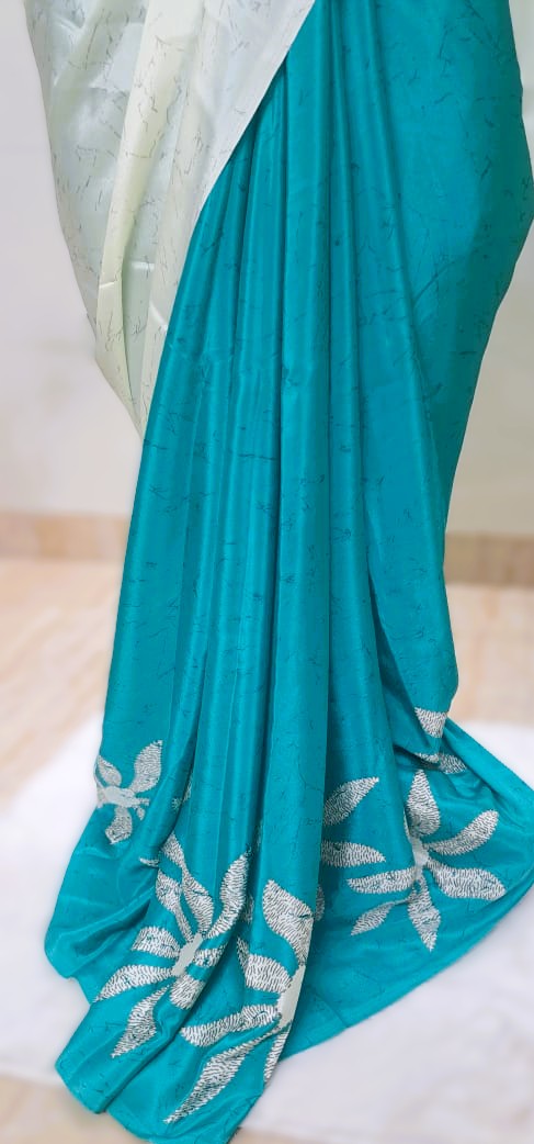 Green & Ivory Satin Crepe Saree