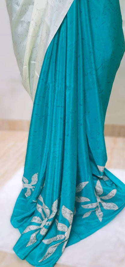 Green & Ivory Satin Crepe Saree