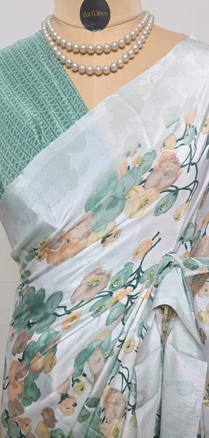 White & Green Floral Crape Silk Saree