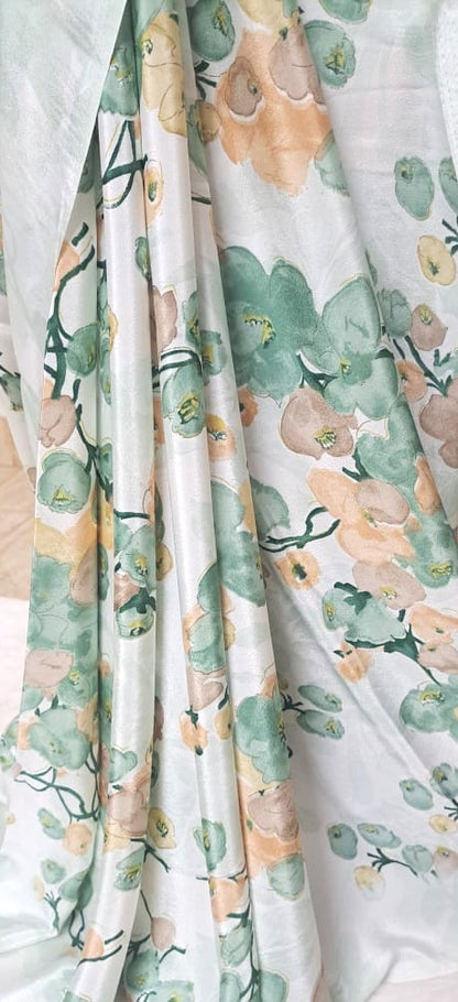 White & Green Floral Crape Silk Saree