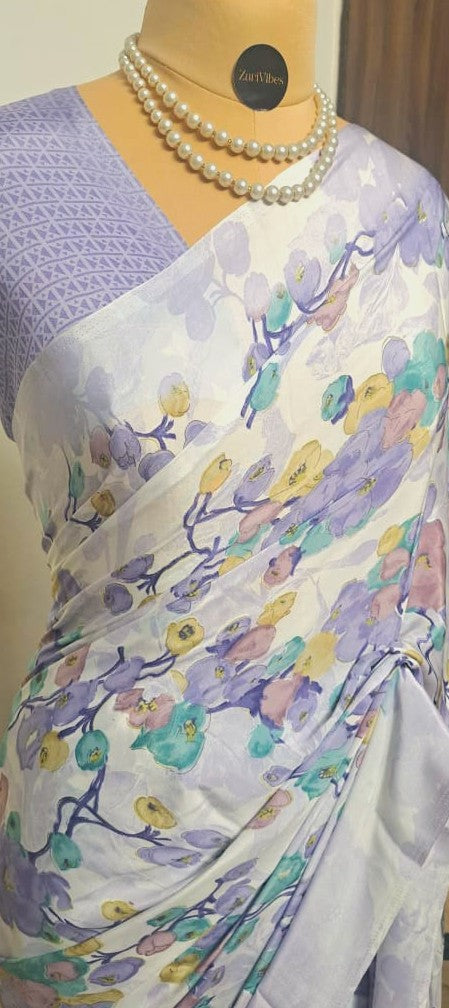 White & Blue Floral Crape Silk Saree