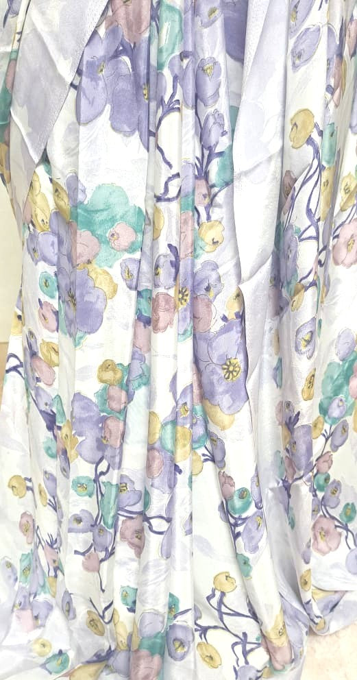 White & Blue Floral Crape Silk Saree