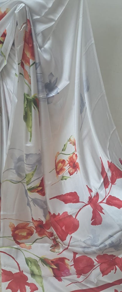 White Satin Crepe Saree