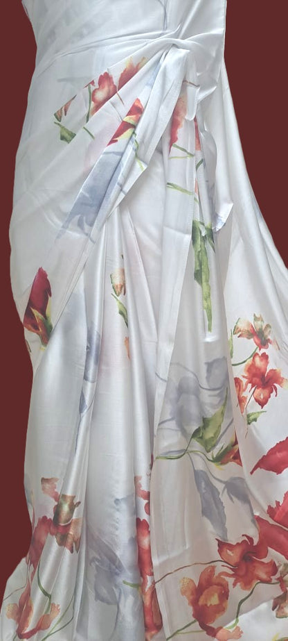 White Satin Crepe Saree