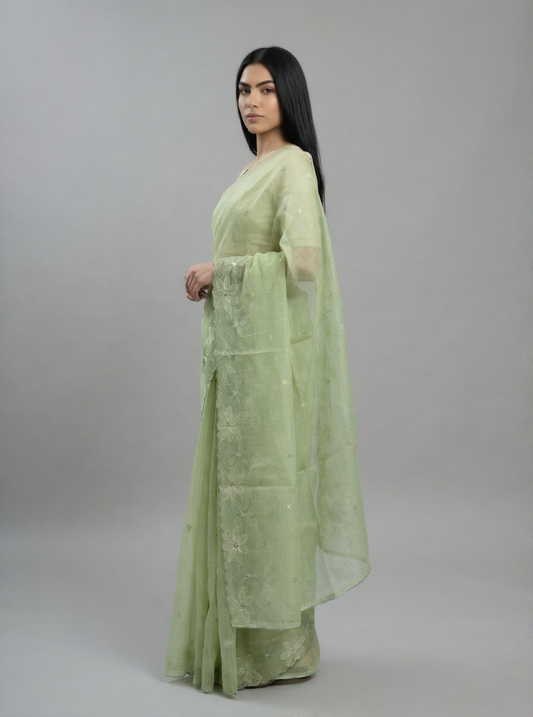 Pastel Green Kota Doria Saree with Floral Embroidery