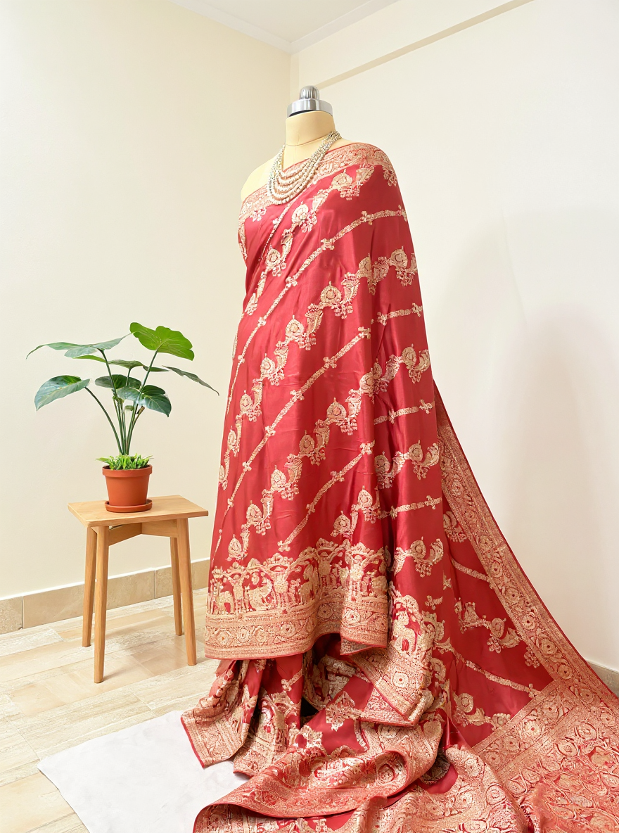 Red Satin silk Saree